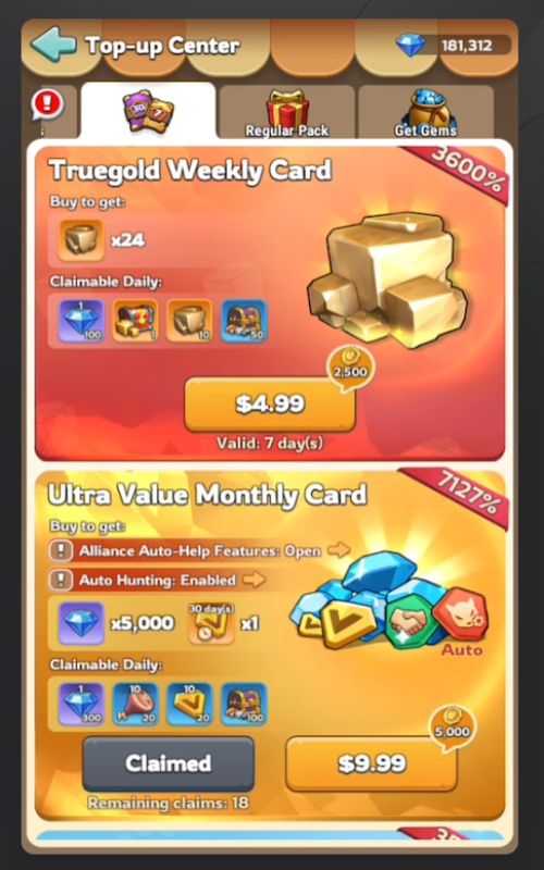 Screenshot: cart top-up